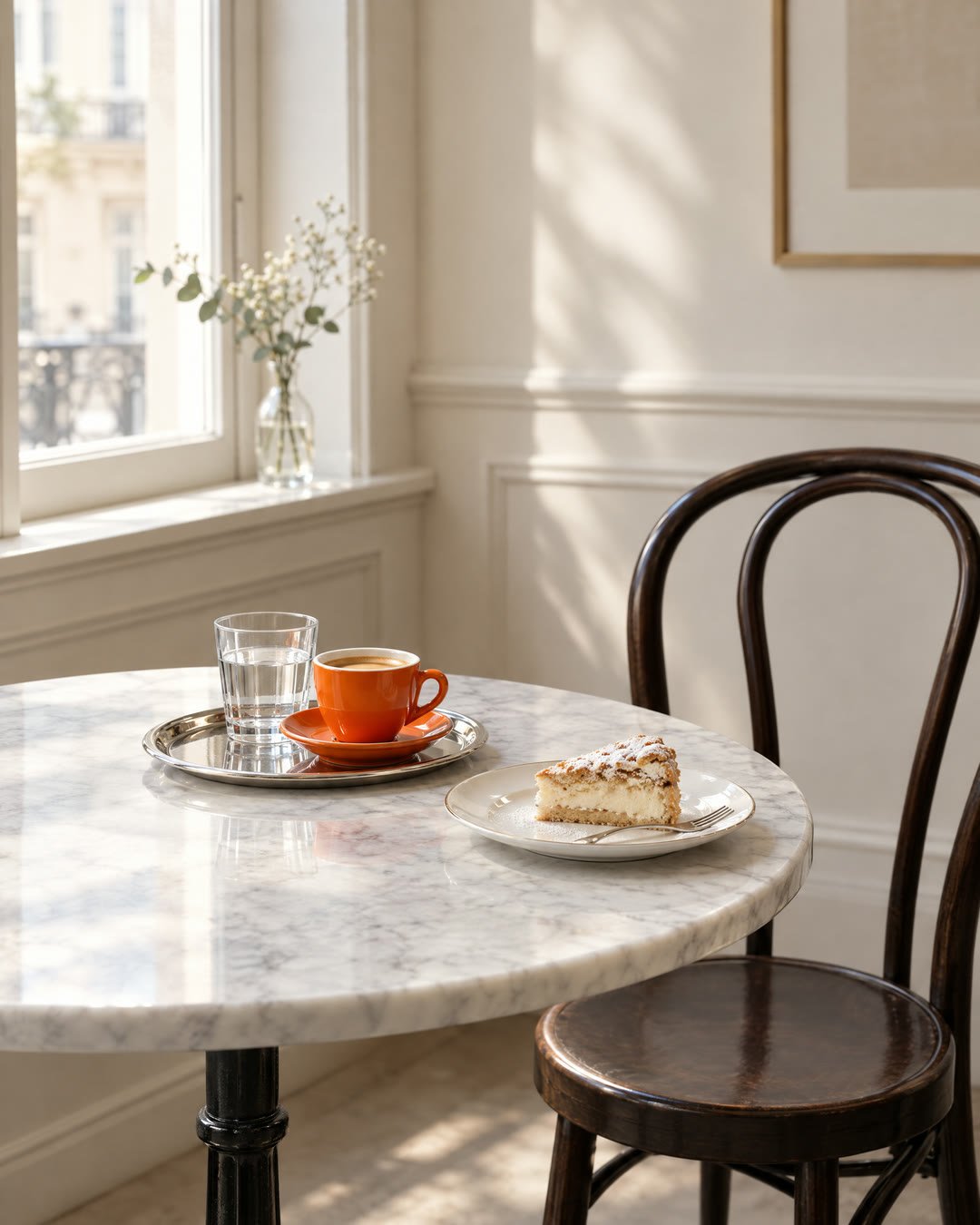 Ein heller Kaffeehaustisch mit Kaffee und Kuchen
