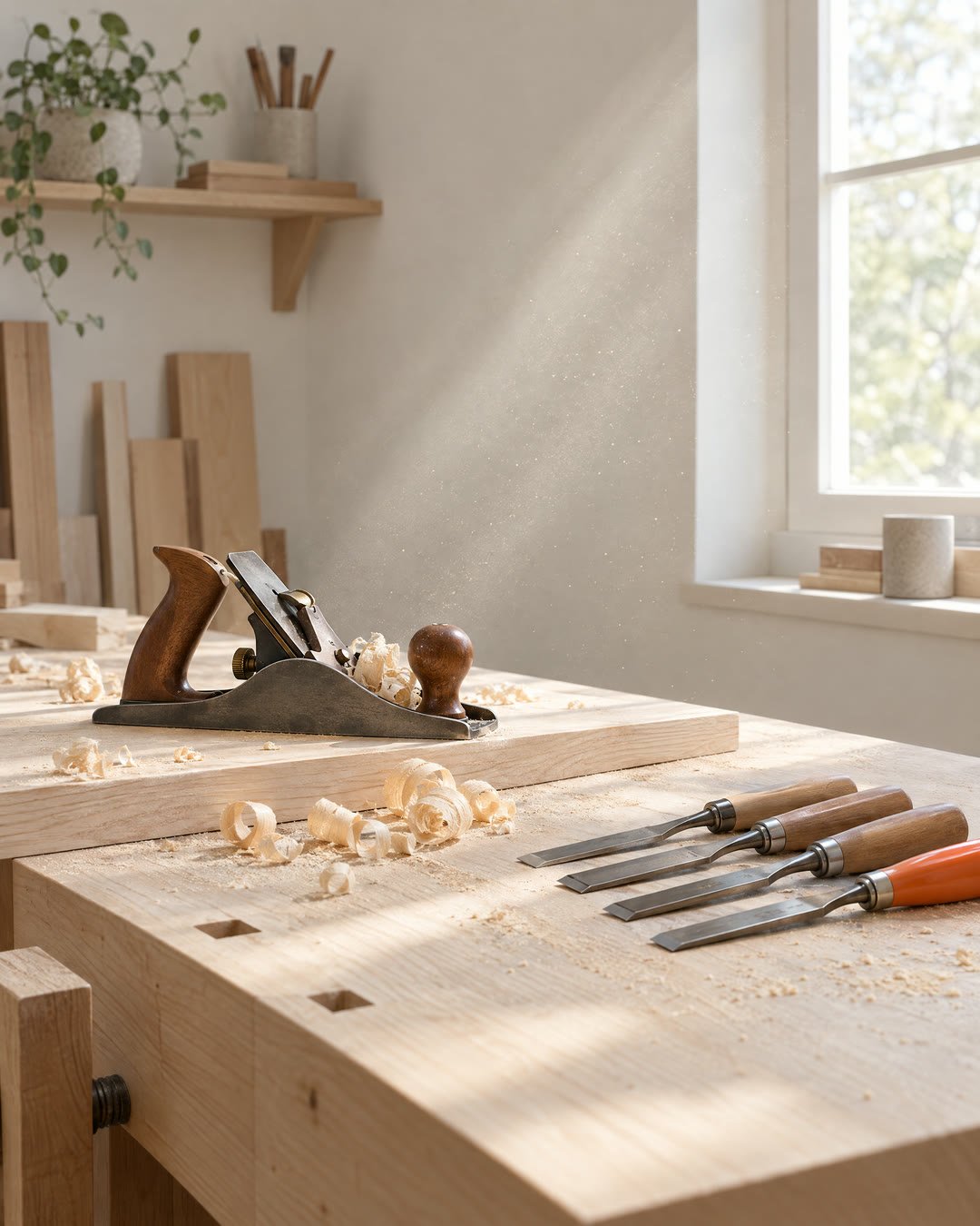 Eine Hobelbank mit Hobel und Holzspänen im Tageslicht